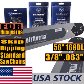 US STOCK -Holzfforma 56Inch 3/8" .063"168 Drive Links Solid Guide Bar Full Chisel Saw Skip Ripping Chain For HUS 365 372 385 390 394 395 480 562 570 5
