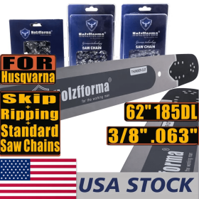 US STOCK -Holzfforma 62Inch 3/8" .063" 185 Drive Links Solid Guide Bar Full Chisel Saw Skip Ripping Chain Combo For HUS 365 372 385 390 394 395 480 56